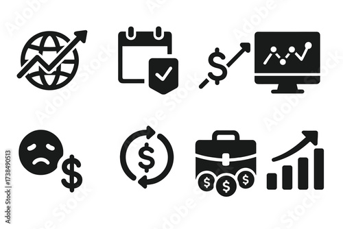 Hedge Fund Icon Set. Solid, filled icon set of hedge fund types: global macro, event-driven, equity long/short, quantitative, distressed securities, arbitrage,