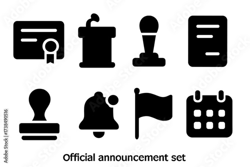 Official Announcement Icons. Solid, filled icon set of official announcement: certificate, podium, microphone, document, stamp, notification bell, flag,