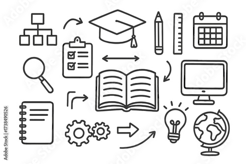 Educational Icon Doodles. Hand-drawn doodle illustration education framework book, graduation cap, flowchart, checklist, clipboard, pencil, ruler, computer