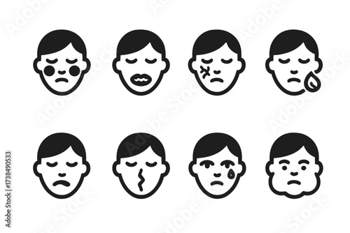 Windburn Symptom Icons. Solid, filled icon set of windburn symptoms: red cheeks, chapped lips, dry skin, peeling skin, burning sensation, cracked skin,