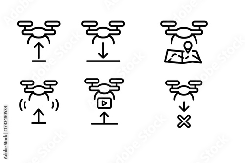 Drone Operations Icons. Outline icon set of command drone operations: takeoff, landing, waypoint navigation, video streaming, obstacle detection, altitude
