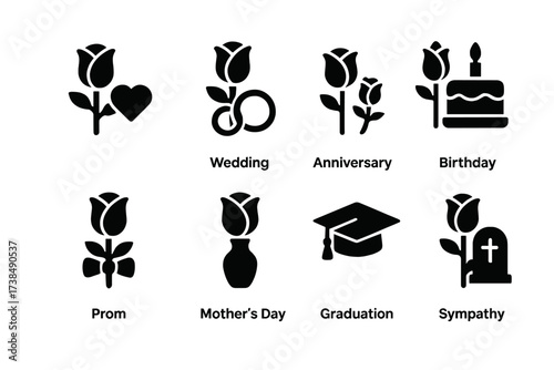 Iconic Rose Occasions. Solid, filled icon set of rose celebrations: Valentine?s Day rose, wedding rose, anniversary rose, birthday rose, prom rose, Mother?s
