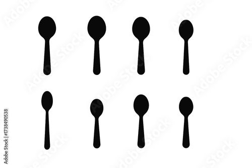 Spoon Icon Collection. Solid, filled icon set of spoon in dining: soup spoon, salad spoon, dessert spoon, coffee spoon, tea spoon, cocktail spoon, child?s