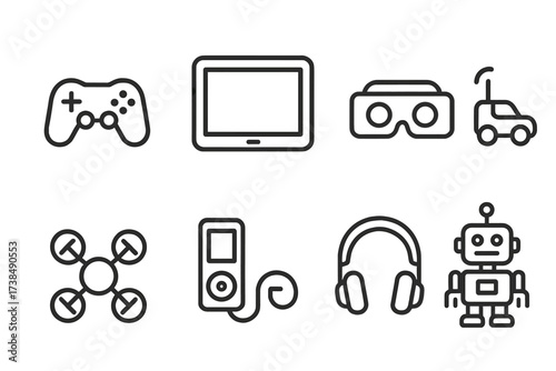 Electronic Play Icons. Outline icon set of electronic play: game controller, tablet, virtual reality headset, remote control car, drone, music