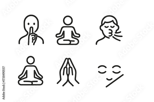 Silence Actions Icons. Outline icon set of silence-related actions: shushing, meditation, deep breath, reading, yoga pose, praying hands, closing eyes, ear