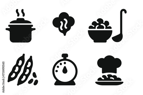 Steamed Beans Icons. Solid, filled icon set of steamed beans: steaming pot, steam cloud, bowl of beans, ladle, bean pods, timer, chef hat, plate with beans.