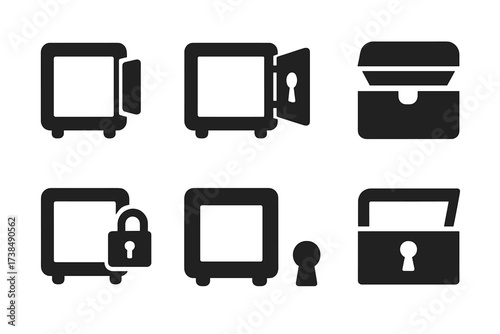 Open Vault Icons. Solid, filled icon set of open vault symbols: open door, empty room, unlocked, bare interior, keyhole, open safe, no contents, open chest.