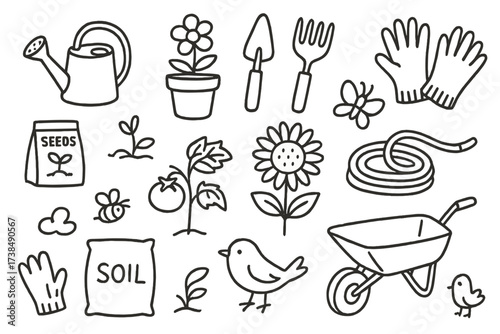 Garden Tools Doodle. Hand-drawn doodle illustration Home gardening watering can, flower pot, shovel, rake, gloves, seeds packet, sprout, tomato