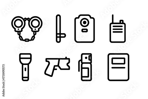 Riot Gear Icons. Outline icon set of riot shield-related law enforcement tools: handcuffs, baton, body camera, radio, flashlight, taser, pepper spray, riot