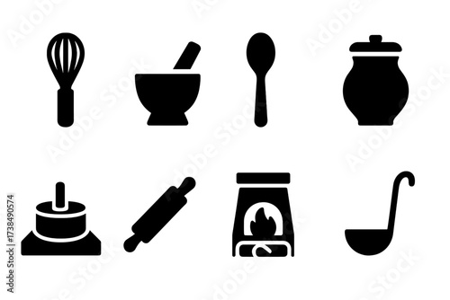 Traditional Cooking Tools. Solid, filled icon set of traditional cooking tools: oak whisk, mortar and pestle, wooden spoon, clay pot, stone grinder, rolling
