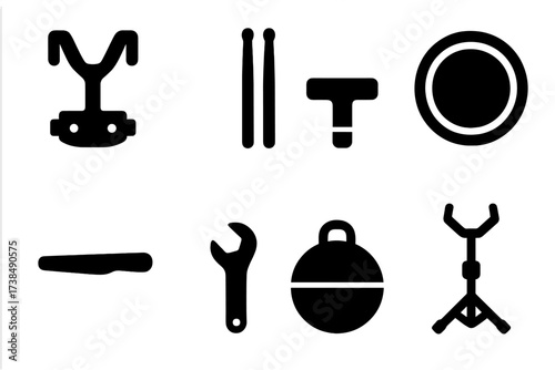 Marching Drum Icons. Solid, filled icon set of marching drum accessories: drum harness, drumsticks, drum key, practice pad, muffler, tuning wrench, drum case,