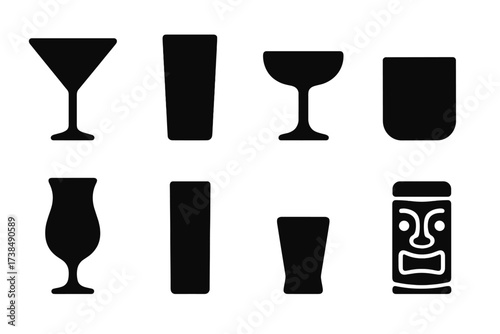Cocktail Glasses Icons. Solid, filled icon set of cocktail glasses: martini glass, highball glass, coupe glass, rocks glass, hurricane glass, Collins glass,