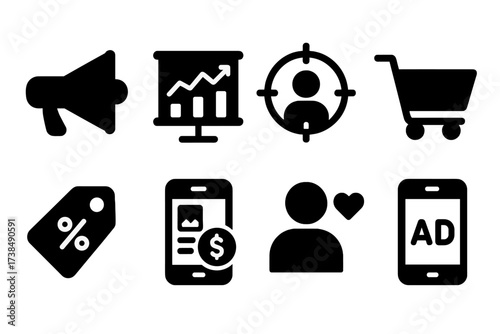 Social Media Icons. Solid, filled icon set of social media marketing: megaphone, analytics chart, target audience, shopping cart, discount tag, sponsored post,