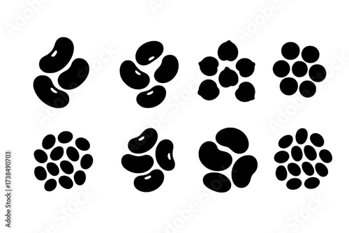 Bean Icons Grid. Solid, filled icon set of bulk beans types: kidney beans, black beans, chickpeas, lentils, navy beans, pinto beans, lima beans, mung beans.