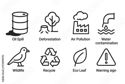 Environmental Impact Icons. Outline icon set of extraction environmental impact: oil spill, deforestation, air pollution, water contamination, wildlife,