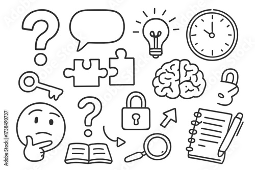 Puzzle Icons Compilation. Hand-drawn doodle illustration riddles conundrum question mark, speech bubble, puzzle pieces, light bulb, brain, clock, key, lock,