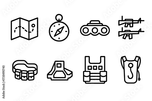 Infantry Gear Icons. Outline icon set of infantry vehicle tactical gear: map, compass, night vision goggles, rifle rack, ammo belt, helmet mount, tactical