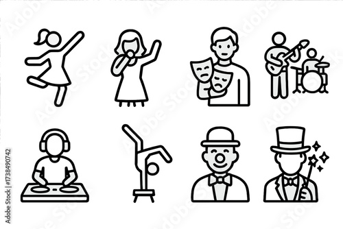 Stage Performance Icons. Outline icon set of stage performance: dancer, singer, actor, band, DJ, acrobat, comedian, magician. [Line icons in only black color,