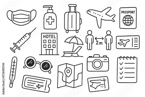 Pandemic Travel Doodles. Hand-drawn doodle illustration Travel and leisure during and post-pandemic face mask, hand sanitizer, suitcase, airplane, passport,