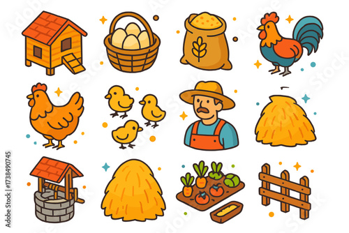 Village Farm Icons. Village farm life. Colorful isometric vector icons set of village farm life: wooden coop, egg basket, grain sack, rooster, hen, chicks,