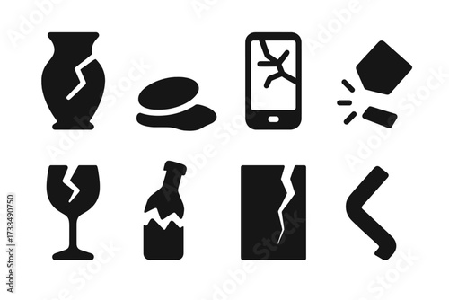 Fragile Accident Icons. Solid, filled icon set of fragile accidents: broken vase, spilled liquid, cracked screen, dropped item, shattered glass, broken bottle,