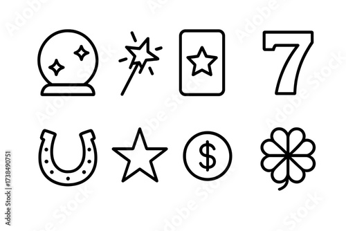 Fortune Symbol Icons. Outline icon set of fortune symbols: crystal ball, magic wand, tarot card, lucky number seven, horseshoe, star, coin, four-leaf clover.