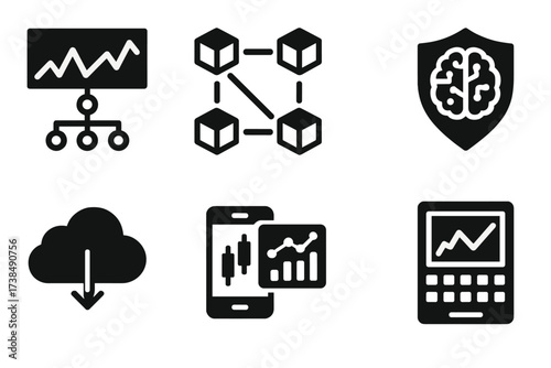 Wall Street Tech Icons. Solid, filled icon set of Wall Street technology: trading algorithm, blockchain, AI analytics, cybersecurity, cloud computing, mobile