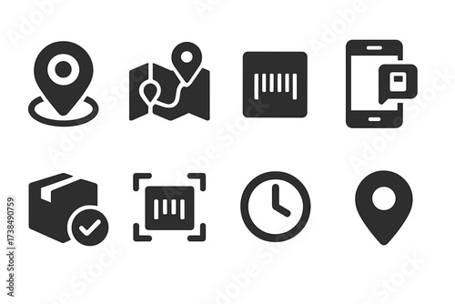 Shipment Tracking Icons. Solid, filled icon set of shipment tracking: GPS tracker, delivery route map, parcel barcode, mobile notification, delivery status,