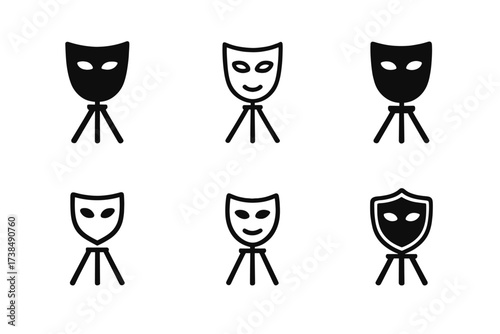 Cosplay Logo Variations. Cosplay photography. Set Logo of Cosplay photography: Tripod with mask outline. harmonious logo variations of the same emblematic