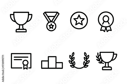 Ace Achievement Icons. Outline icon set of ace achievements: trophy, medal, star badge, ribbon, certificate, podium, laurel wreath, champion cup. Line icons in