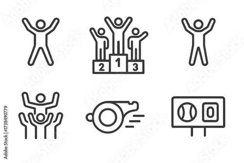 Sports Excitement Icons. Outline icon set of excitement in sports: goal celebration, medal podium, victory pose, fast runner, cheering crowd, referee whistle,