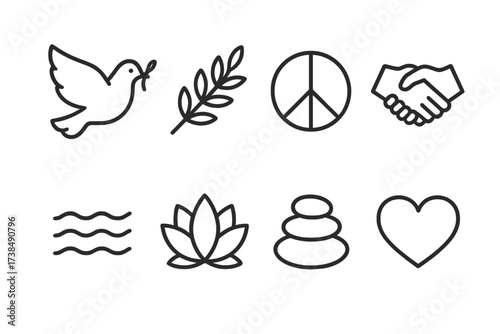 Peace Icon Set. Outline icon set of forever peace: dove, olive branch, peace sign, handshake, calm water, lotus flower, zen stones, heart. Line icons in only