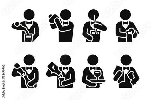 Bartender Icon Set. Solid, filled icon set of bartender actions: pouring drink, shaking cocktail, stirring glass, garnishing, opening bottle, measuring liquor,