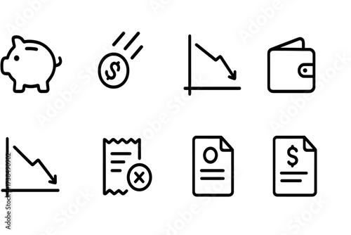 Losing Money Icons. Outline icon set of losing money: empty piggy bank, dropped coin, falling graph, empty wallet, declining chart, lost receipt, bill overdue,