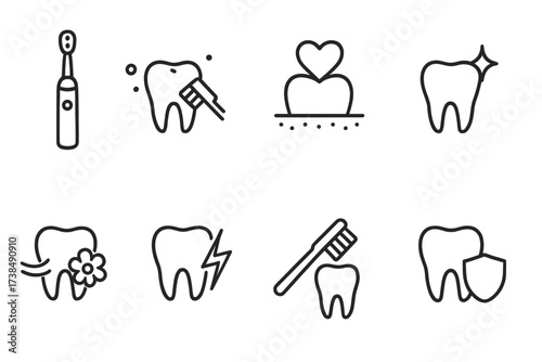 Oral Care Icon Set. Outline icon set of electric toothbrush oral care benefits: plaque removal, gum health, whitening, fresh breath, sensitive teeth care,