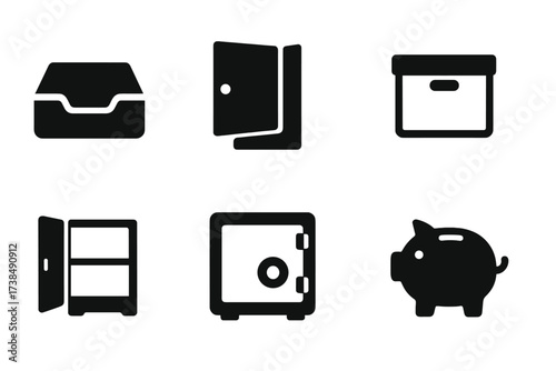 Empty Safe Icons. Solid, filled icon set of safe contents: empty drawer, open locker, clear deposit box, empty wallet, vacant cabinet, open briefcase, open
