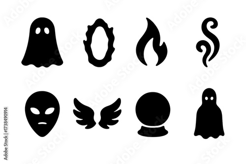 Spirits Icon Set. Solid, filled icon set of spirit: ghost, aura, flame, smoke swirl, ethereal face, spirit wings, mystical orb, shadow figure. [Line icons in
