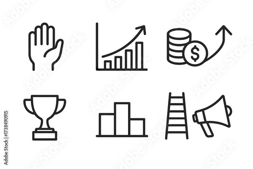 Raise Indicators Icons. Outline icon set of raise indicators: hand up, increasing graph, money pile, ascending arrow, trophy cup, podium, ladder, megaphone.