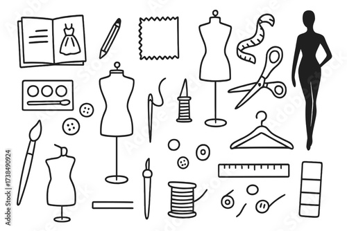 Fashion Design Doodle. Hand-drawn doodle illustration Clothing design process sketchbook, pencil, scissors, fabric swatch, dress form, measuring tape, sewing