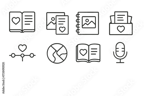 Love Story Icons. Outline icon set of love note storytelling: diary, photo with note, scrapbook, memory box, timeline, heart map, storybook, voice recording.
