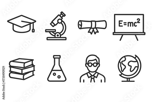 Balkan Icon Sets. Outline icon set of Romanian education and science: graduation cap, microscope, diploma, blackboard, book stack, chemistry flask, teacher,