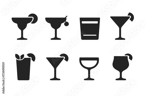 Cocktail Icon Grid. Solid, filled icon set of shake cocktail types: margarita, daiquiri, whiskey sour, cosmopolitan, mojito, gimlet, pisco sour, sidecar.