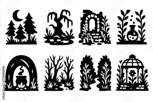 Shadowy Botanical Icons. Solid, filled icon set of shadowy botanical settings: midnight forest, cursed swamp, overgrown ruin, alchemist garden, witches' den,