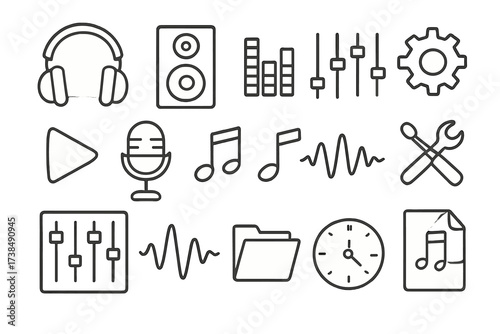 Music Equipment Doodles. Hand-drawn doodle illustration music preset headphones, speaker, equalizer, sliders, gear, play button, microphone, music notes, sound