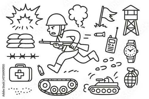 Military Doodle Icons. Hand-drawn doodle illustration Enemy forces withdrawal soldier running, helmet, rifle, explosion, smoke cloud, sandbag, barbed wire,