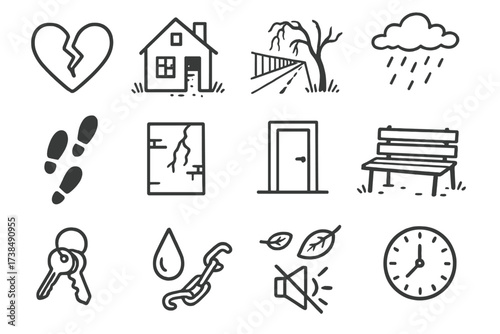 Desolate Community Icons. Hand-drawn doodle illustration mourning the disappearance of community broken heart, abandoned house, empty street, wilted tree,
