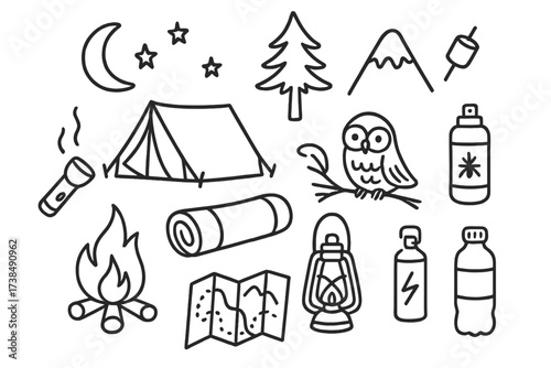 Camping Adventure Doodles. Hand-drawn doodle illustration Night camping tent, moon, stars, campfire, flashlight, sleeping bag, lantern, owl, tree, mountain,