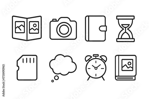 Memory Icons Set. Outline icon set of memories: photo album, camera, diary, hourglass, memory card, thought bubble, vintage clock, scrapbook. Line icons in