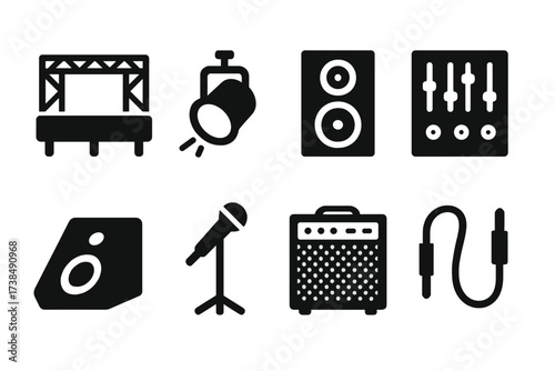 Live Band Icon Set. Solid, filled icon set of live band performance elements: stage, spotlight, speakers, mixing console, monitor, microphone stand, amplifier,