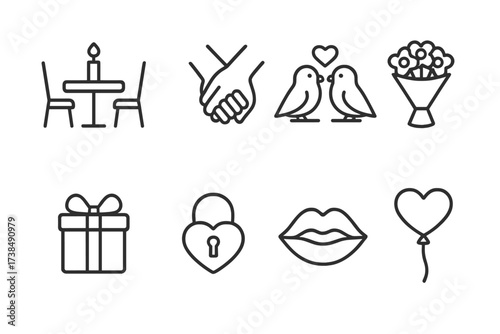 Romantic Icon Set. Outline icon set of romantic moments: candlelight dinner, holding hands, lovebirds, bouquet of flowers, gift box, love lock, kissing lips,